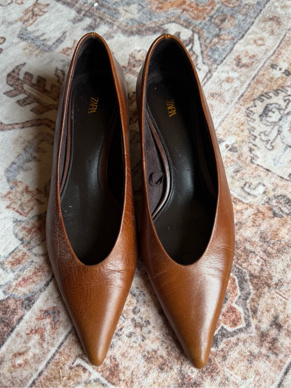 Zara Brown Leather Pointed Toe Kitten Heel